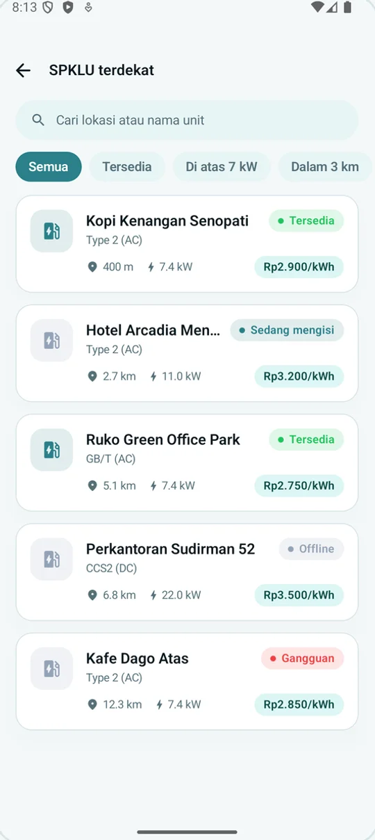 Layar SPKLU terdekat di aplikasi ShtEV